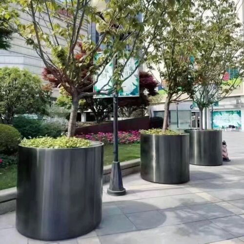 户外铁艺花盆花钵市政不锈钢拉丝圆筒花箱可移动花槽长方形大花坛