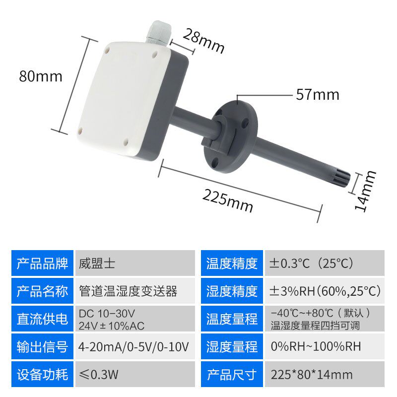 管道温湿度传感器高精度485风管插入变送器新风空调出风口检测