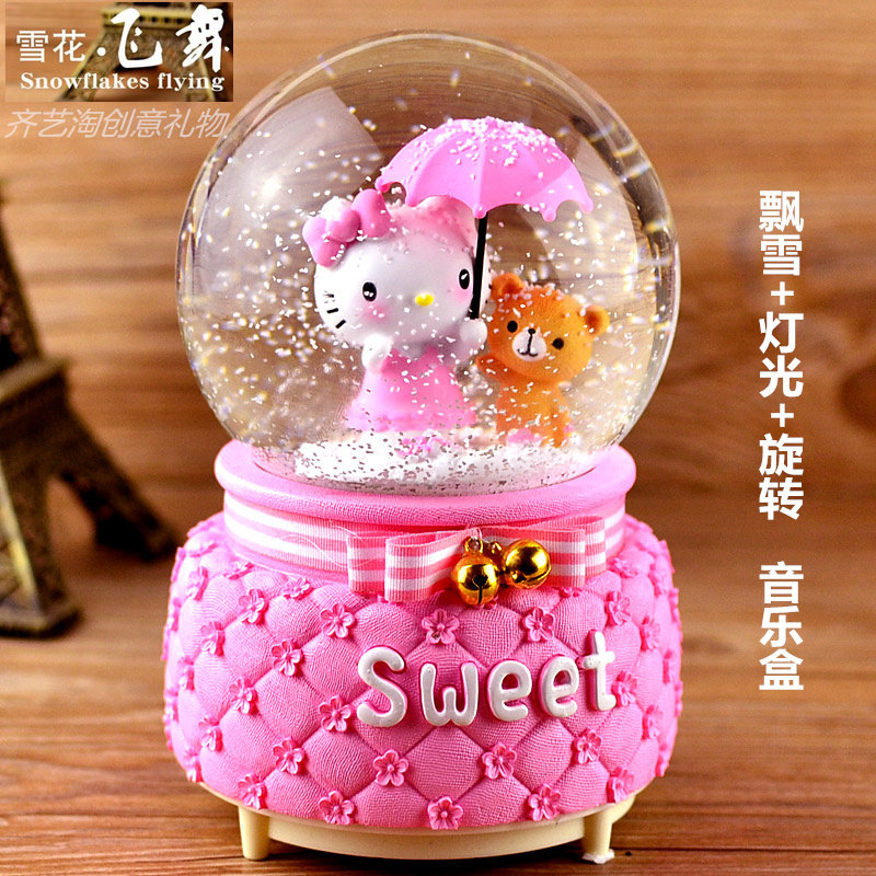 新款粉红猫水晶球旋转飘雪花KK猫木马音乐盒摆件圣诞节生日礼物品