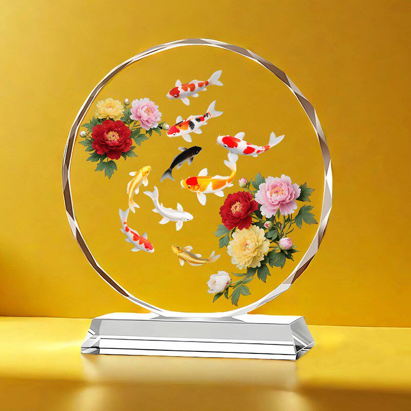 招财九鱼图中式水晶摆件玄关客厅桌面装饰品牡丹花开富贵有余摆台