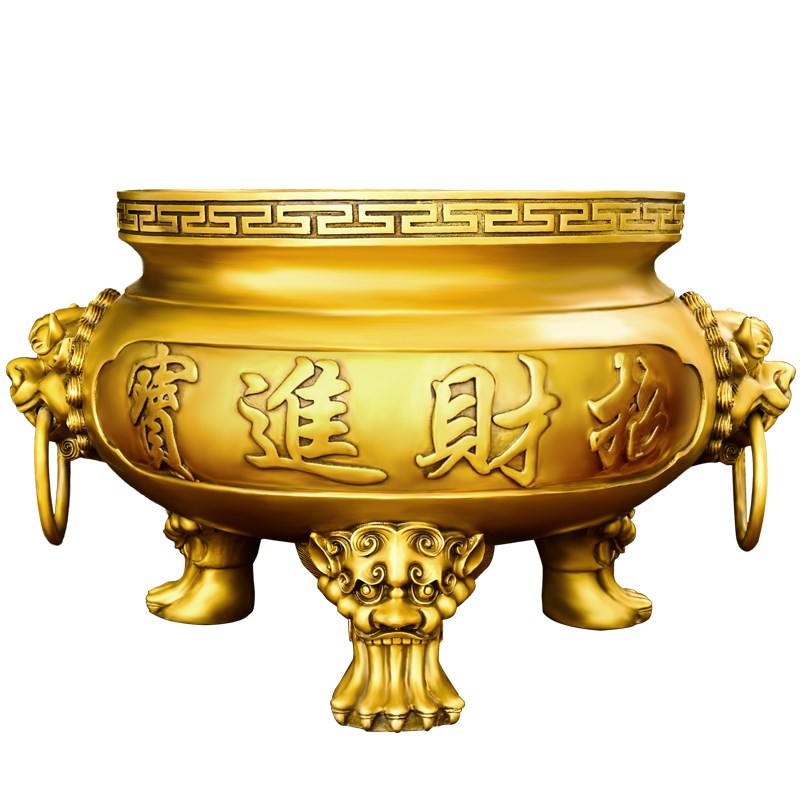 铜香炉摆件黄铜大香炉三脚炉家用上香供奉寺庙祠堂平底圆炉双龙炉
