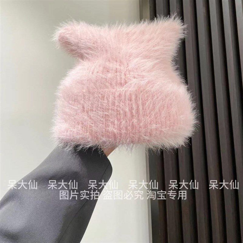 呆大仙~柔软猫耳帽子女高弹力甜美可爱护耳保暖毛绒秋冬毛线冷帽