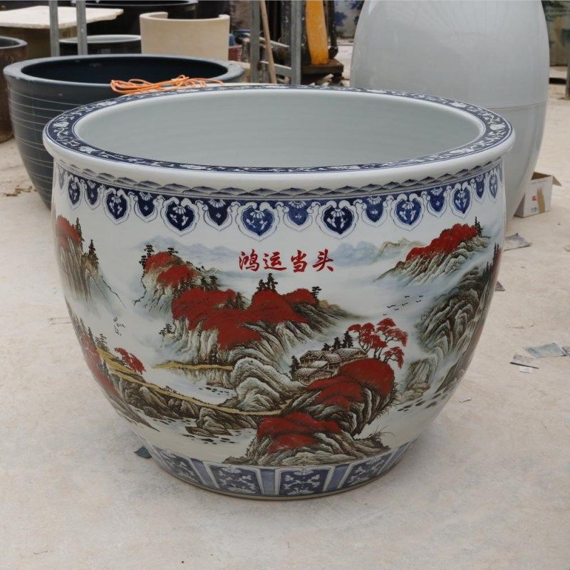 陶瓷大缸青花瓷手绘鸿运当头庭院客厅别墅公司荷花睡莲乌龟养鱼缸