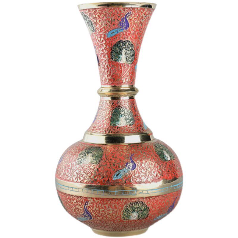 孔雀彩绘花瓶摆件佛前供花瓶净水瓶 印度手工铜花瓶客厅佛堂插花