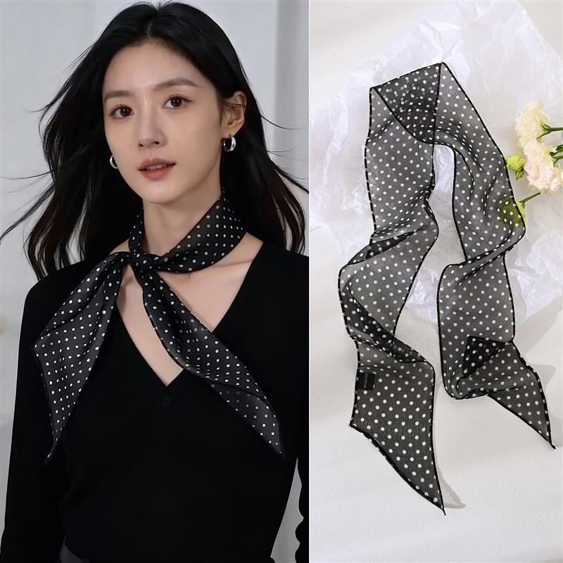 黑色真丝小长条丝巾女波点细窄薄围巾春季丝带系脖高级感护颈飘带图片