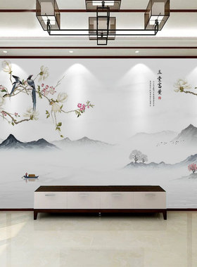 中式电视背景墙壁纸自粘山水玉兰花鸟玉堂富贵壁画沙发影视墙壁布