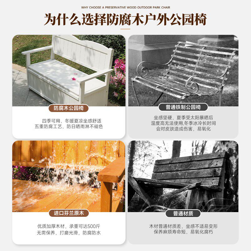 庭院防腐木储物长条凳有椅背可坐实木大容量收纳柜带靠背成人椅子