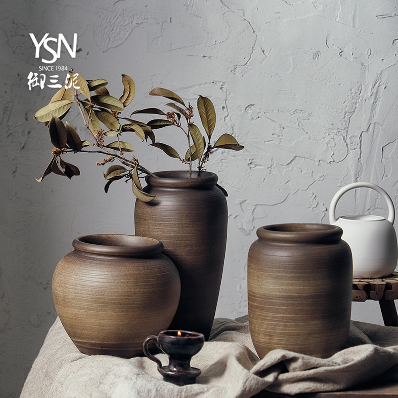 御三泥手工粗陶台面陶罐子干花小花盆花瓶禅意客厅插花装饰摆件