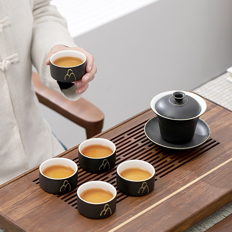 侧把功夫茶盘茶具套装家用防烫简约办公黑陶茶壶盖碗茶道杯洗整套