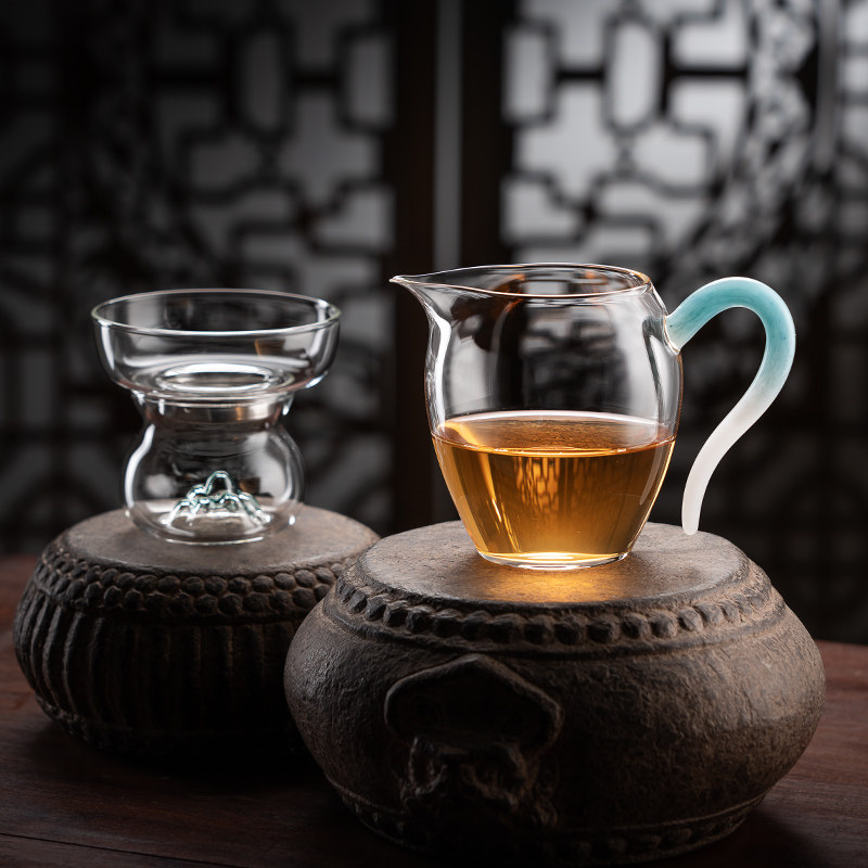 高档耐热玻璃公道杯茶漏日式分茶器泡茶功道茶具配件带手柄倒茶器