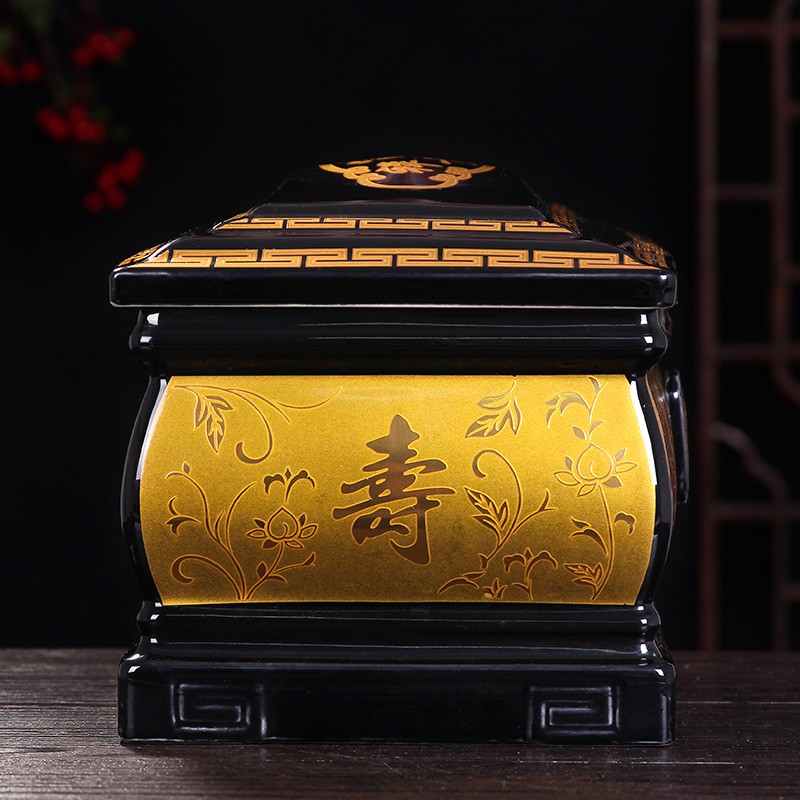 高档骨灰盒罐盅迁坟描金捡骨坛景德镇乌金陶瓷器寿盒棺材男女用款