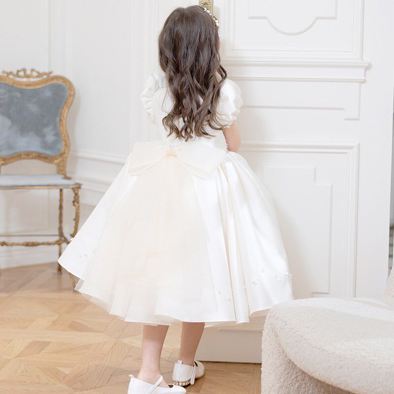 女童周岁缎面礼服宝宝白色抓周公主裙儿童主持人花童婚礼高端洋气