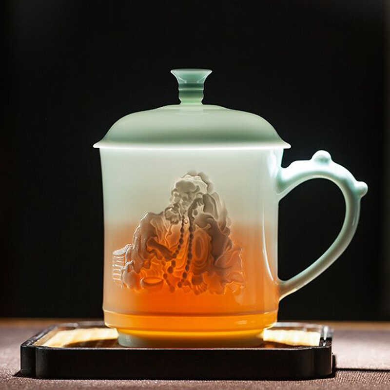 景德镇浮雕纯手工陶瓷影青瓷水杯带盖大容量办公茶漏杯教师节礼品