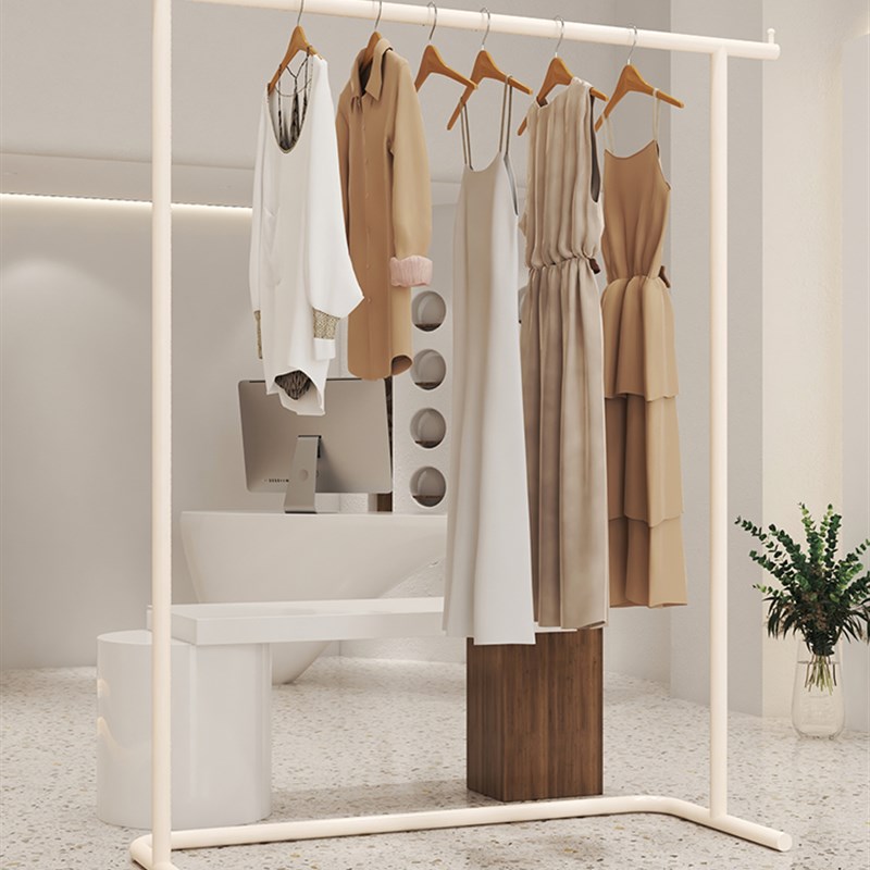 服装店专用展示架陈列架奶白色落地式不锈钢女装店挂衣架服装架子