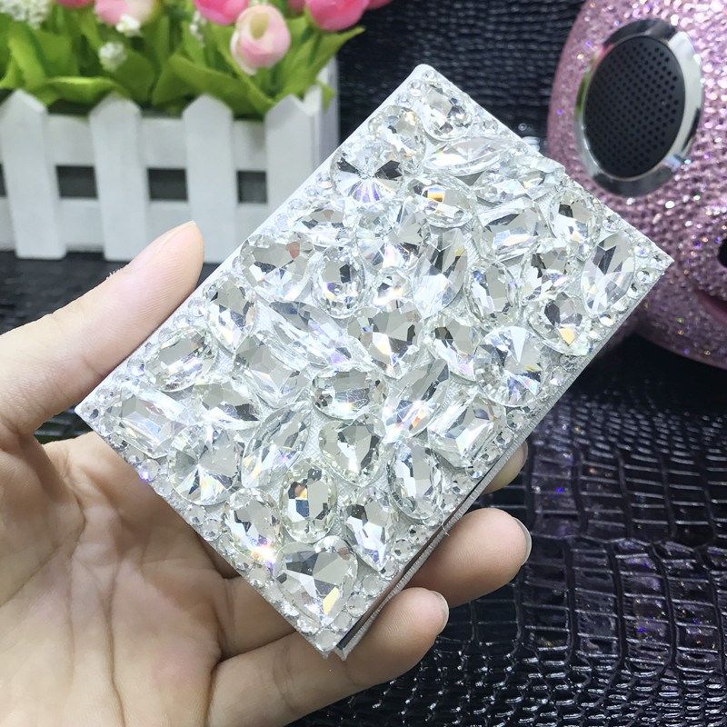 包邮 时尚玻璃水晶水钻创意不锈钢女士商务镶钻名片盒/夹 可订制