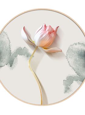 禅意茶室茶桌壁画新中式入户圆形灯装饰画荷花玄关客厅背景墙挂画