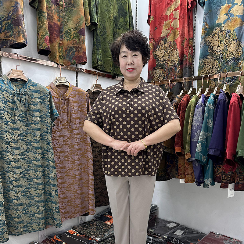 大码女装中老年夏天翻领POLO衫T恤衫女短袖波点遮肚宽松母亲上衣