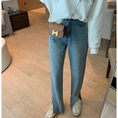 富尔大码定制女装肥妹妹mm复古牛仔直筒夏高腰宽松显瘦开叉长裤子