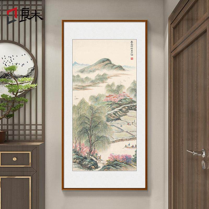 傅抱石山水画新中式玄关装饰画走廊过道进门挂画竖版春天风景壁画