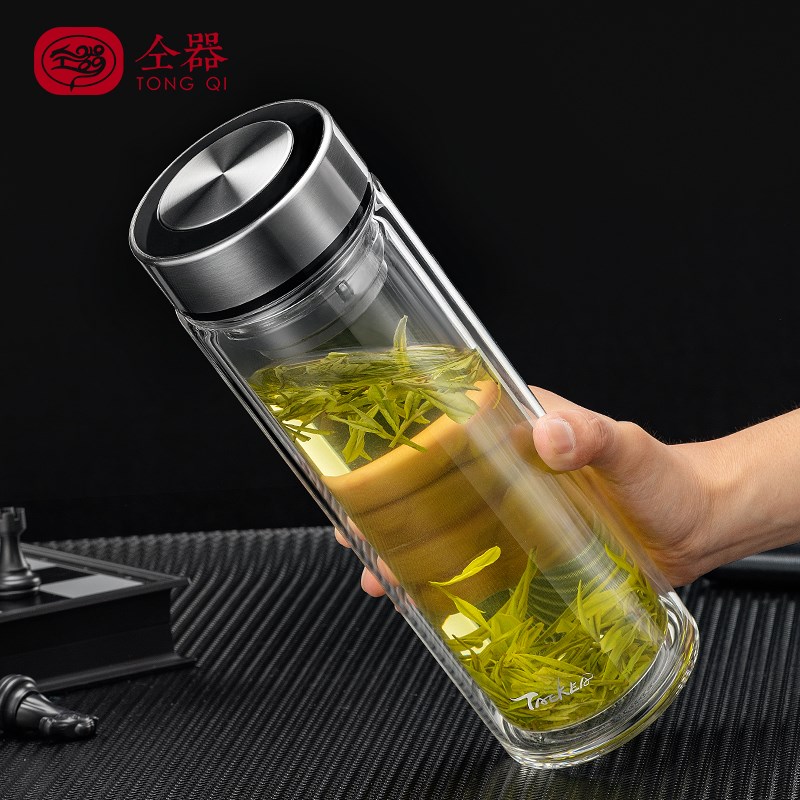 大容量水杯玻璃杯双层茶杯男女家用泡茶杯便携带盖带杯套透明杯子