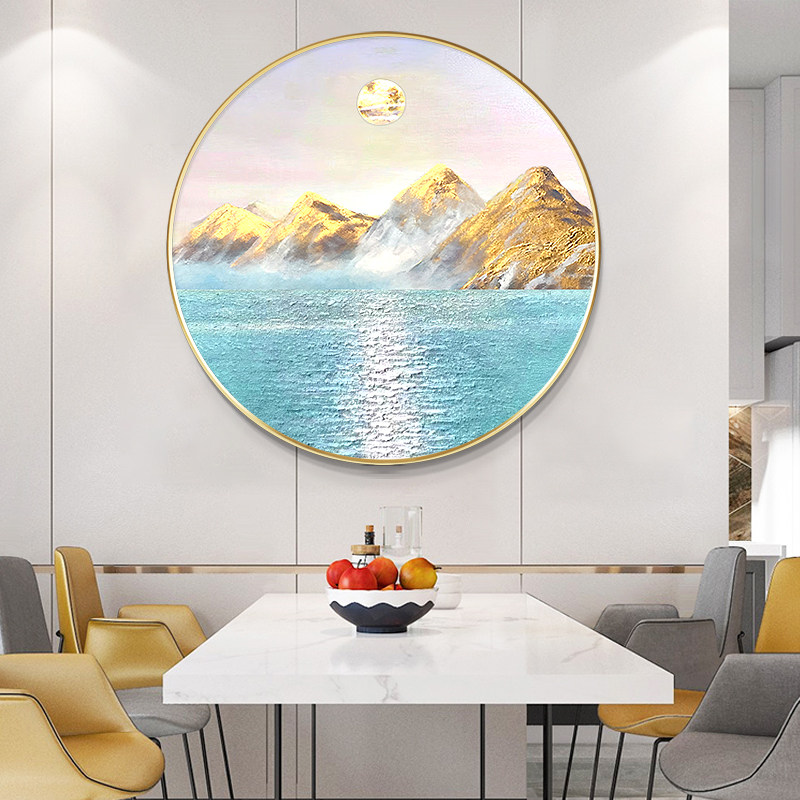 纯手绘聚宝盆日照金山圆形油画挂画客厅餐厅玄关装饰北欧轻奢抽象