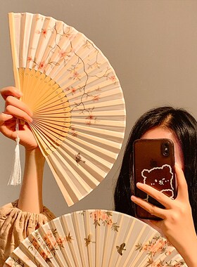 新中式古风海棠折叠小扇子女夏天国风汉服拍照随身携带折扇高颜值