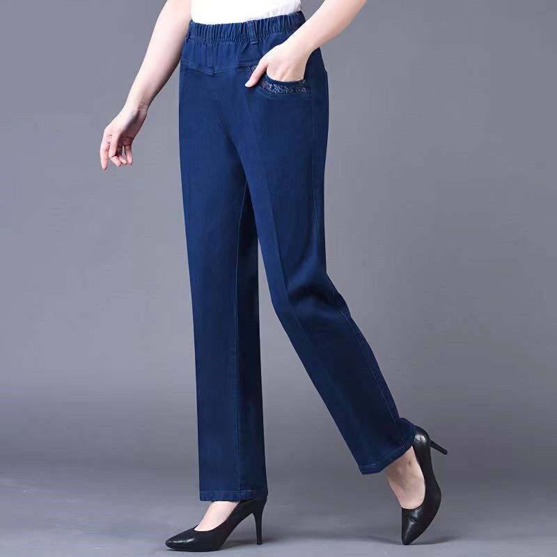 2025春新款高腰中老年牛仔裤女宽松弹力大码松紧腰洋气妈妈直筒裤