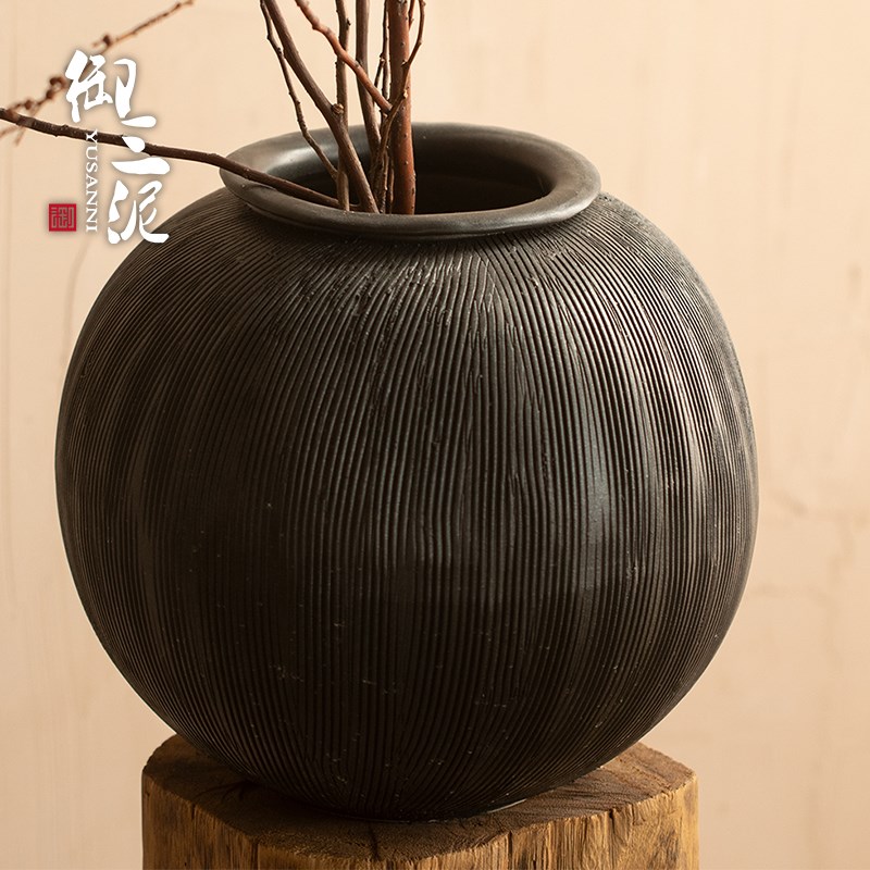 粗陶花器月亮罐景德镇陶瓷瓶禅意装饰品雕刻新中式干花水插花花瓶