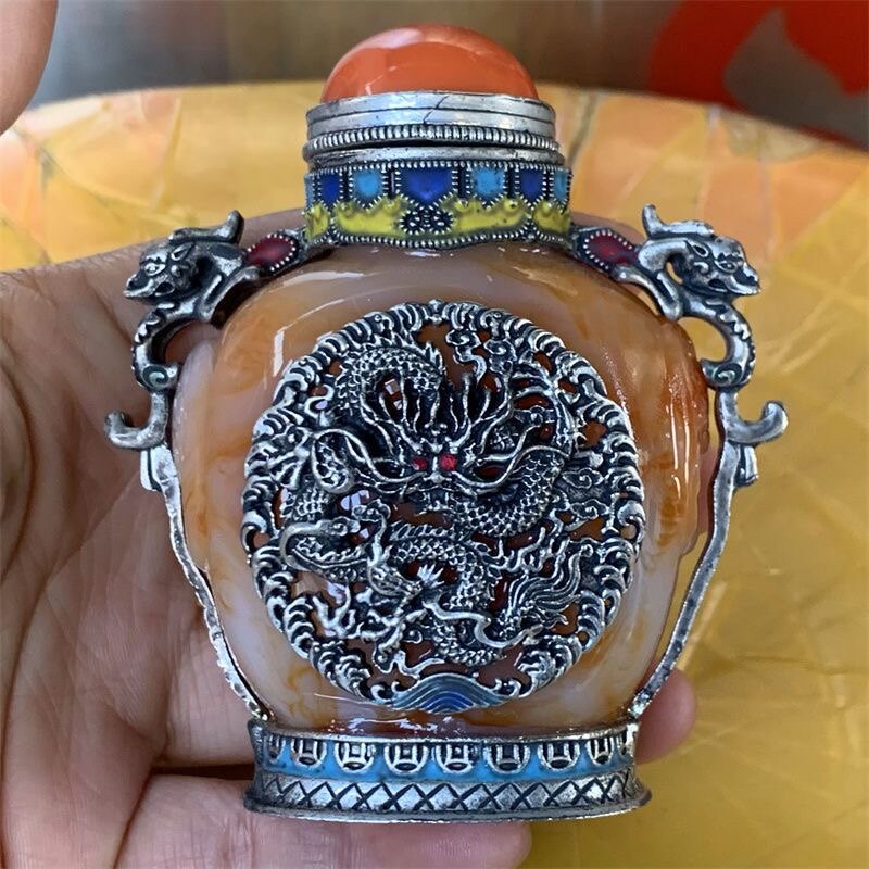 复古怀旧藏族杂项纯铜双面红色仿玛瑙鼻烟壶老货烟具收藏特色工艺