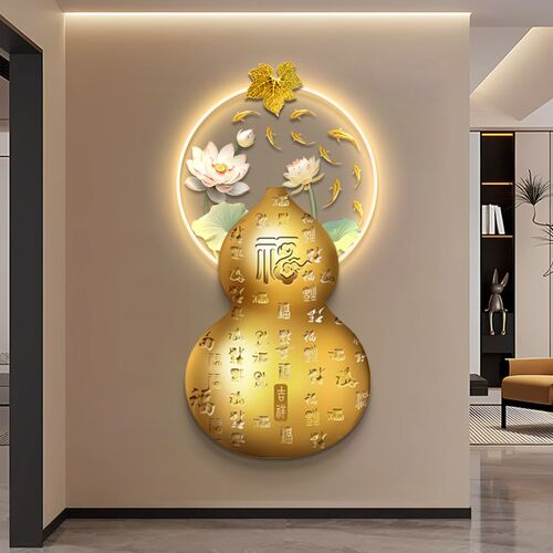 新中式玄关发光装饰画百福图葫芦进门正对墙挂画九鱼图LED灯壁画