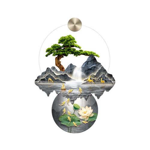 新中式九鱼图入户玄关装饰画带灯迎客松挂画竖版走廊过道山水壁画