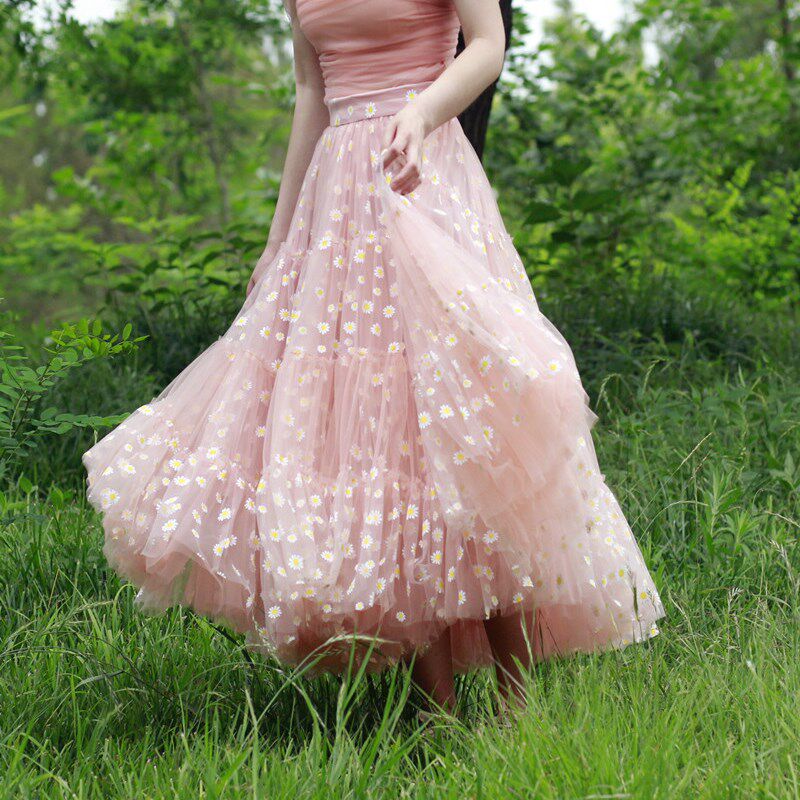 夏季新款双层拼接小雏菊网纱大摆跳舞纱裙长裙高腰显瘦半身裙仙女