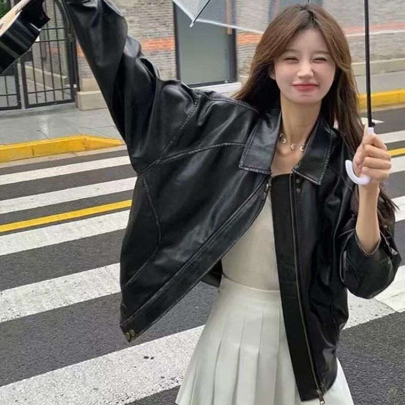 港风复古黑色皮衣外套女短款2025春秋高级感机车美式宽松夹克外套