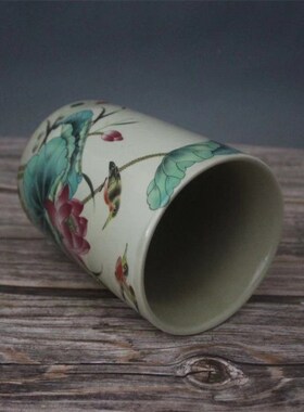 同治粉彩荷花图笔筒景德镇仿古陶瓷家居装饰办公展柜摆件收藏做旧