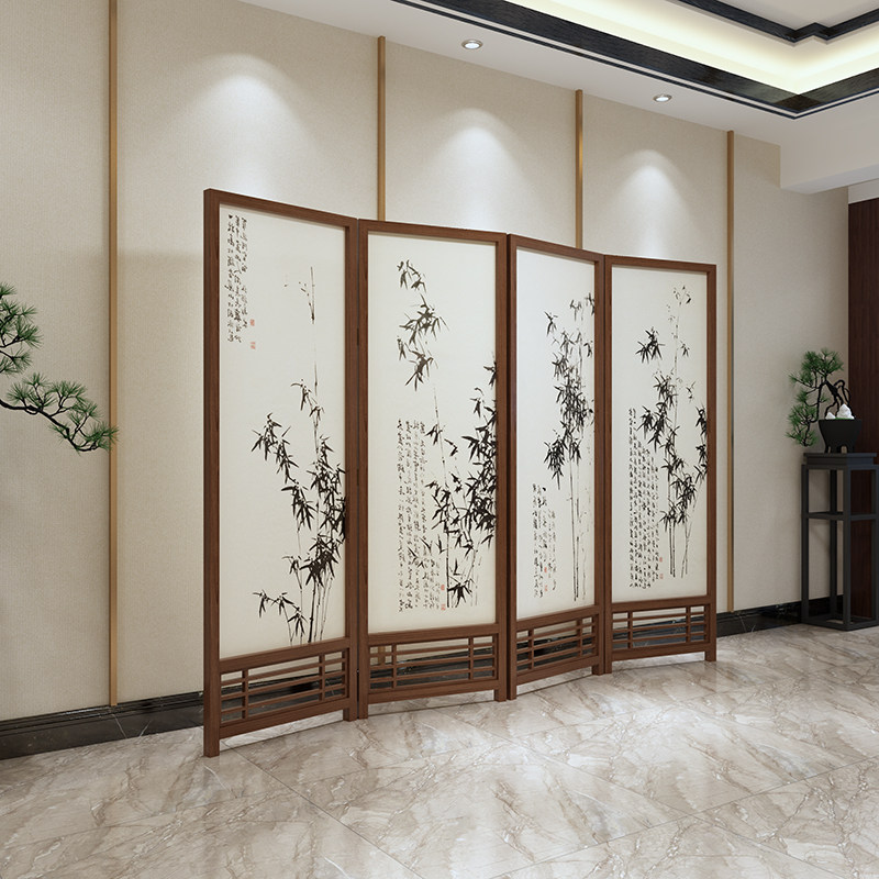 新中式移动折叠屏风隔断酒店办公室古风实木镂空国画郑板桥竹子图