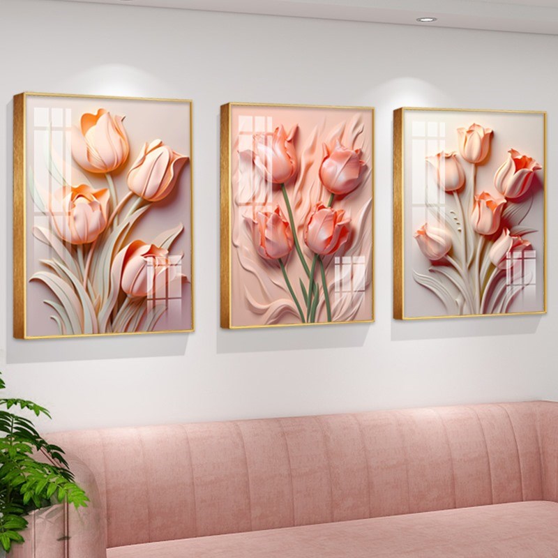 轻奢奶油风客厅沙发背景墙装饰画高档立体感花卉壁画郁金香艺术画