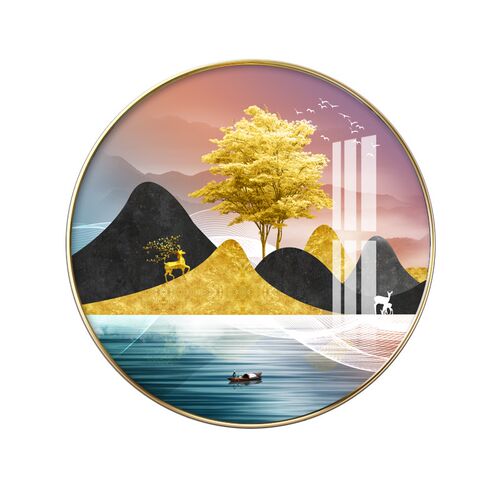发财树山水装饰画入户玄关过道挂画客厅沙发背景墙圆形墙画