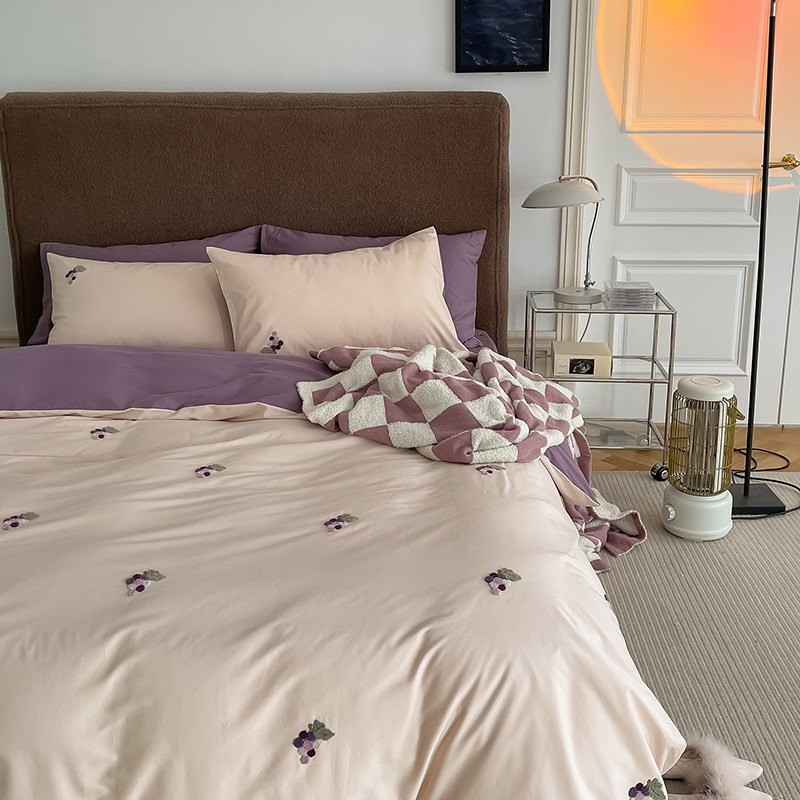 春秋裸睡少女心100s婴儿棉毛巾绣磨毛四件套高端简约纯棉被套床笠