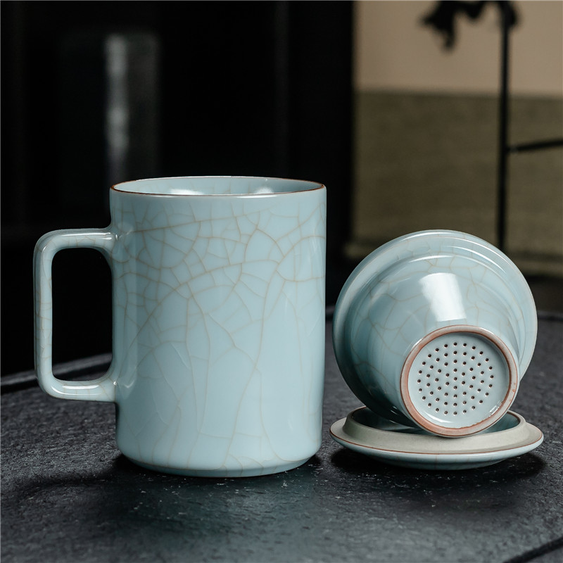 书千冰裂釉青瓷水杯 汝窑办公杯个人泡茶杯子 茶水分离过滤杯新款