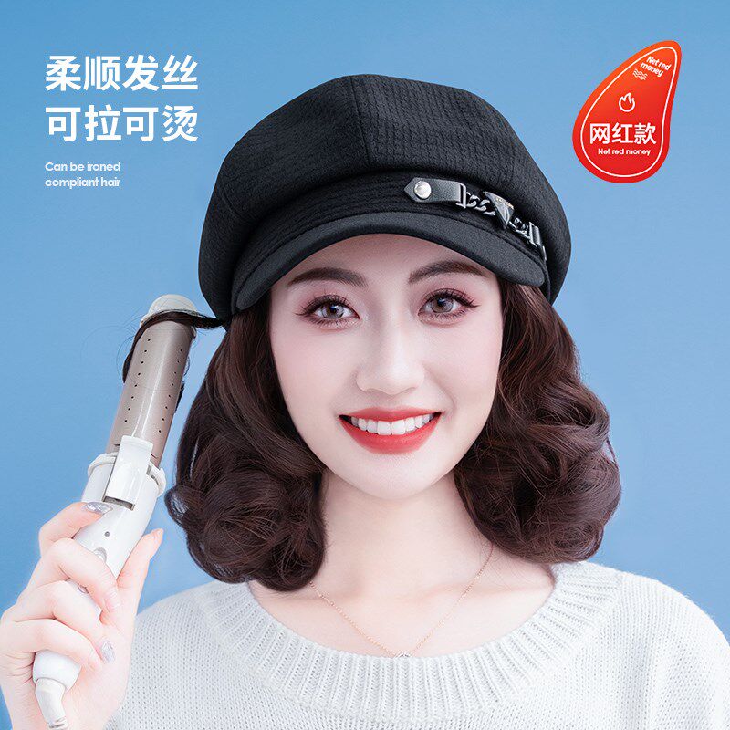 假发帽子一体女秋冬季带帽子假发一体2024新款八角帽短卷发可拆卸