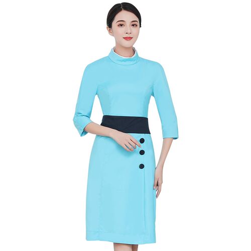 航空机长制服空姐蓝色连衣裙女七分袖职业装导诊美容院礼仪工作服