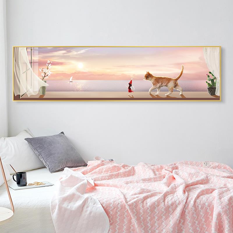北欧卧室床头装饰画小清新女孩房间布置挂画猫咪横幅温馨粉色壁画