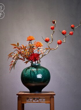新中式绿色陶瓷花瓶摆件家居玄关禅意插花干花民宿酒店高级感装饰
