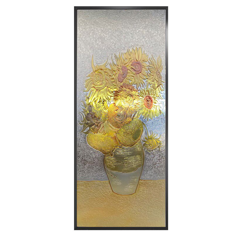 定制入户屏风客厅艺术玻璃油画田园风玄关隔断背景墙梵高向日葵