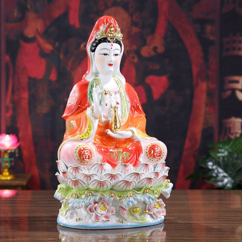 红莲汉白玉瓷水座坐莲观音佛像供奉陶瓷家用南海观世音菩萨像镇宅