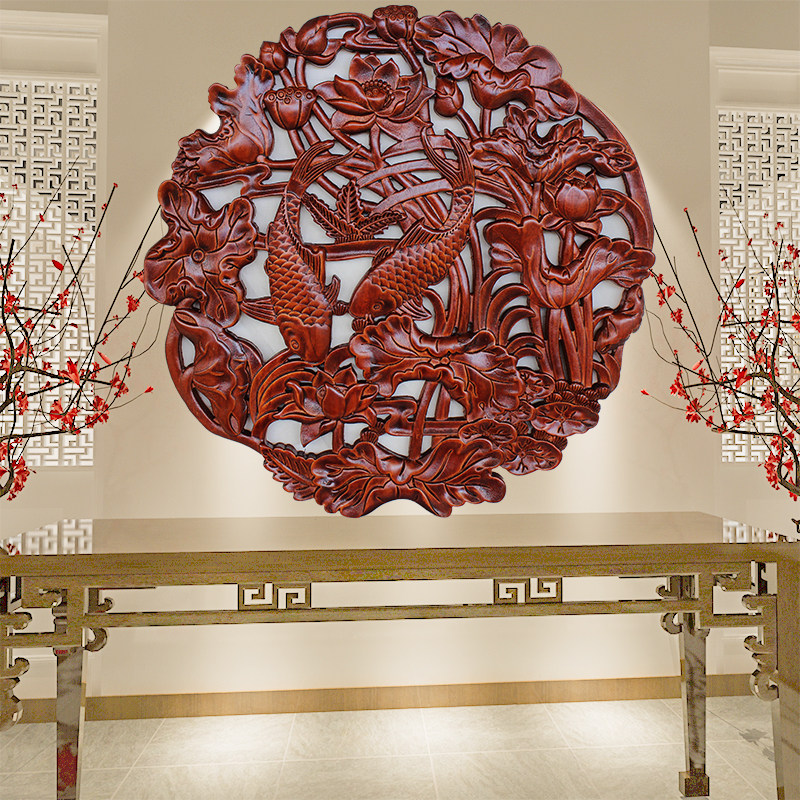 东阳木雕隔断镂空雕花实木花格装饰画圆形福字麒麟挂件新中式仿古
