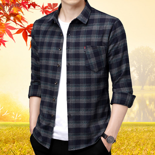 男中老年人衬衫 衬衫 格子长袖 上衣 春秋季 薄款 男士 中年纯棉爸爸秋装