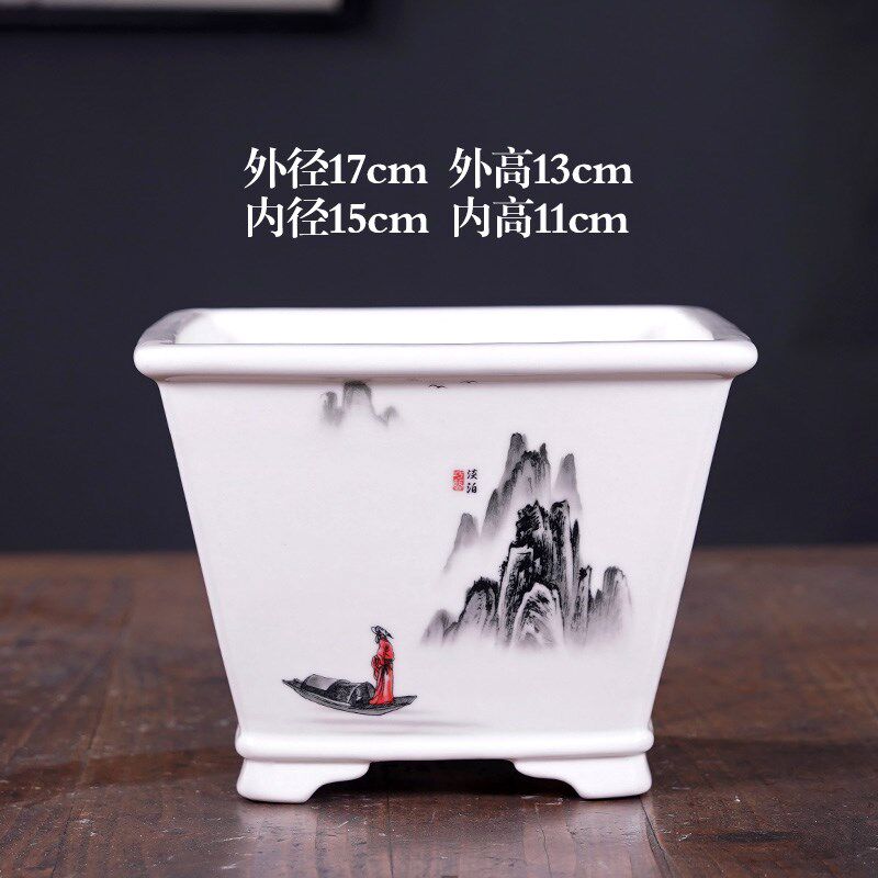 精品紫砂花盆大正四方斗笠形彩绘贴画盆景盆兰花绿植盆栽新中式