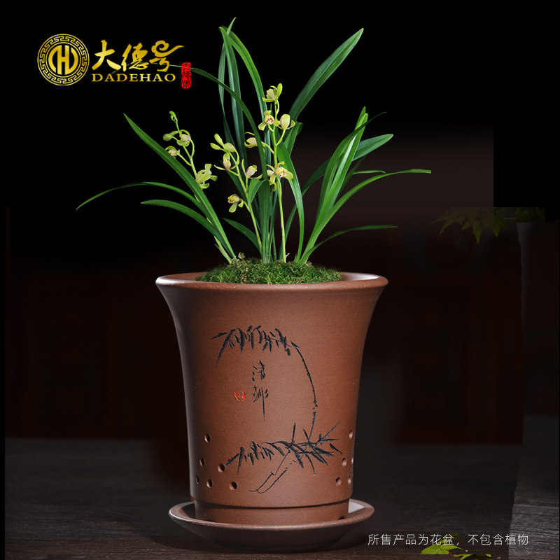 宜兴陶瓷紫砂花盆多肉植物蓝草发财树文竹吊兰兰花专用花盆带托盘