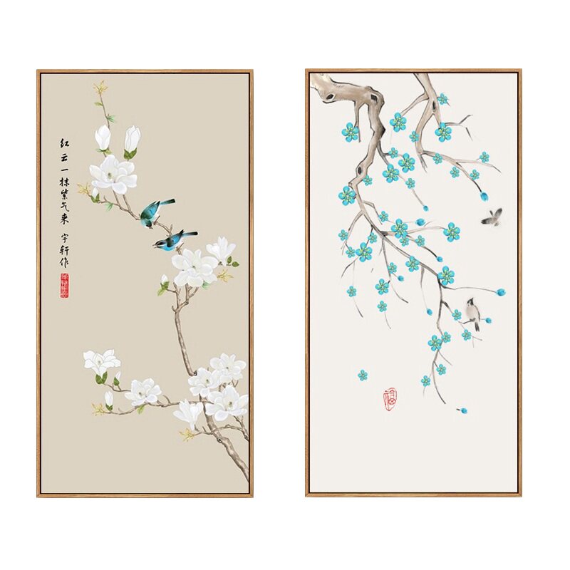 新中式玄关装饰画竖款花鸟工笔挂画中国风壁画客厅走廊楼梯有框画